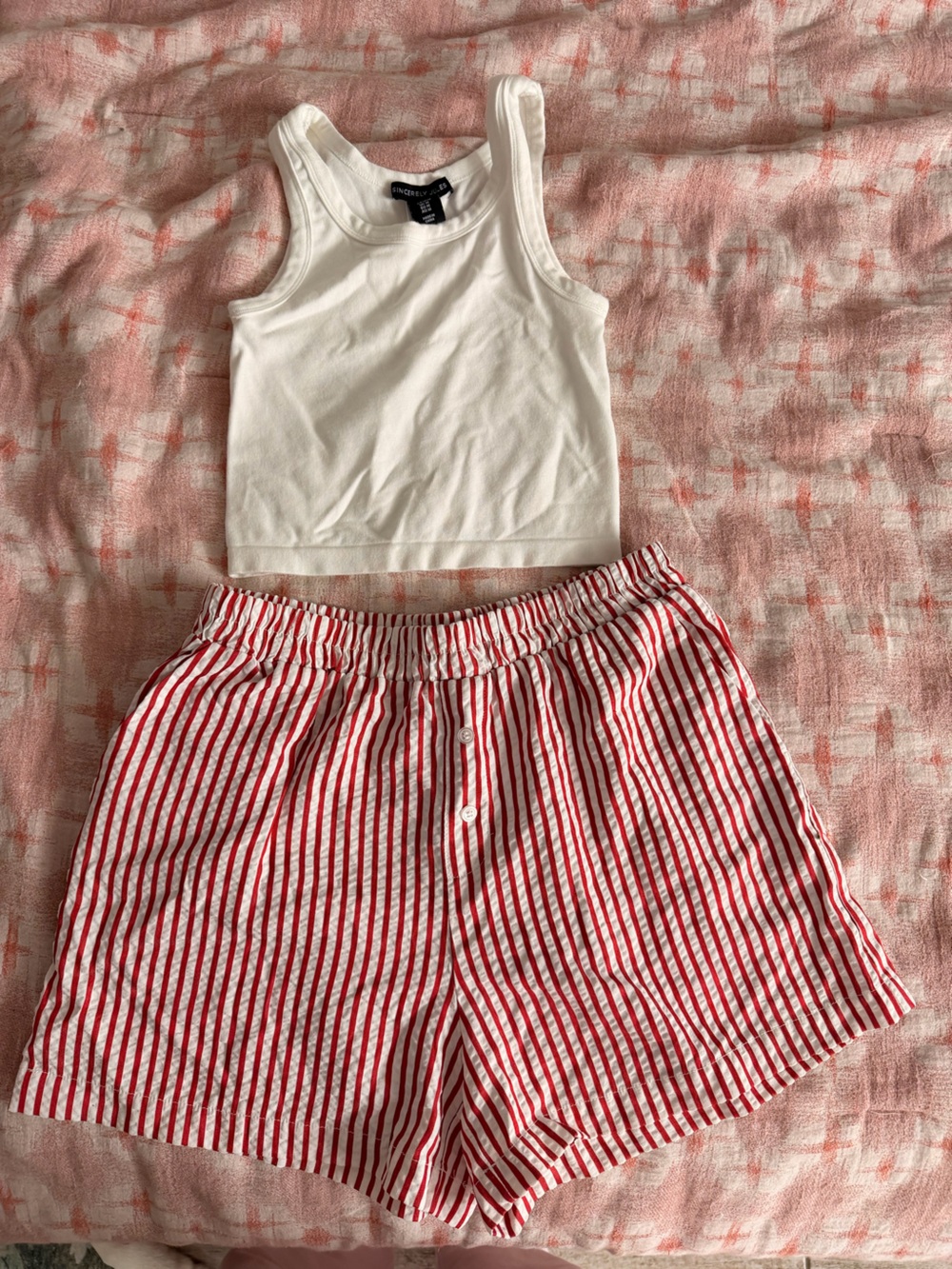 Sincerely Jules White Tank Top with Red-Striped Shorts Set